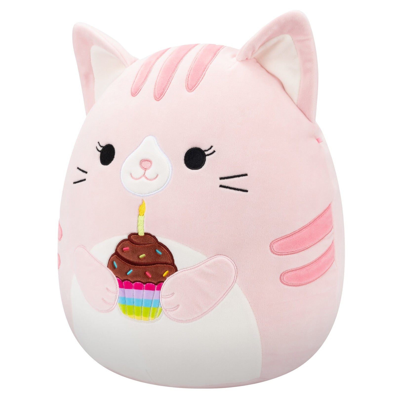 14-Inch Laura the Pink Tabby Cat Holding Birthday Cupcake - Image 2
